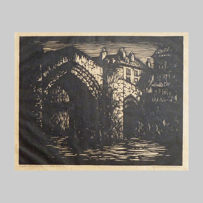 Woodcut print on paper by Donald Witherstine of a bridge in black.