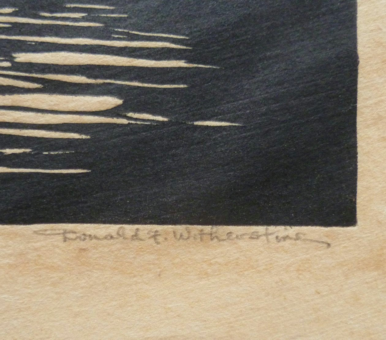 Close-up of Donald Witherstine signature in pencil on a woodcut print.