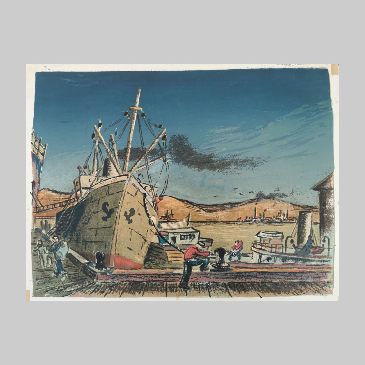 Colour silkscreen on paper by Ernest Hopf, of a wharf with boats and people working.