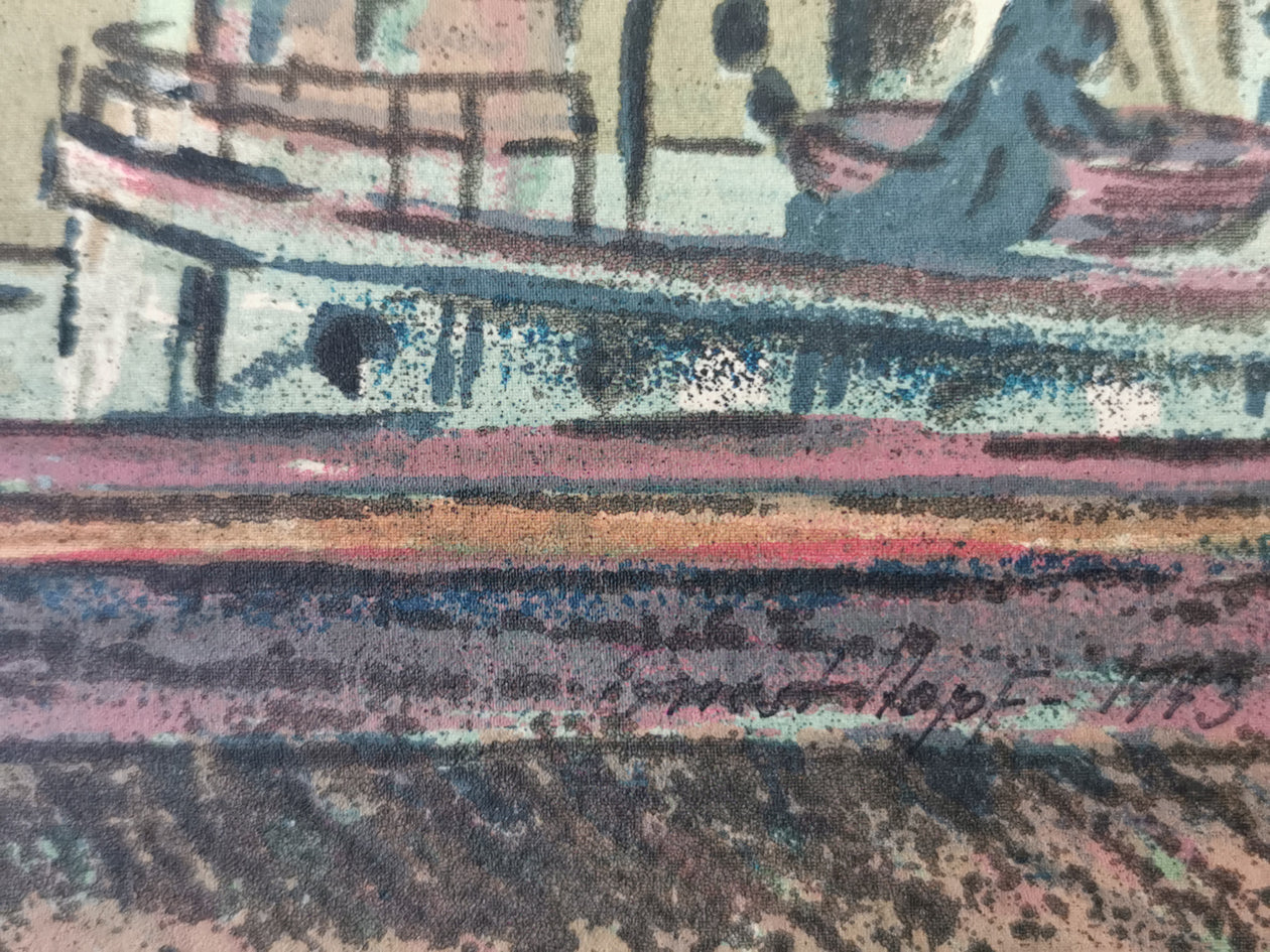 Close-up, of Ernest Hopf artist signature, on a silkscreen print of a wharf scene.