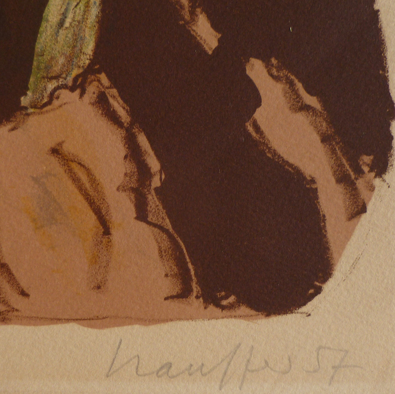 Close-up of Fred Stauffer signature in pencil on a lithograph print 1957.