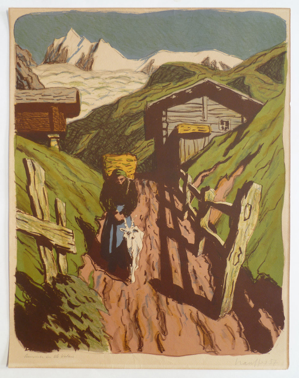 Whole paper showing of a colour lithograph printed by Fred Stauffer.