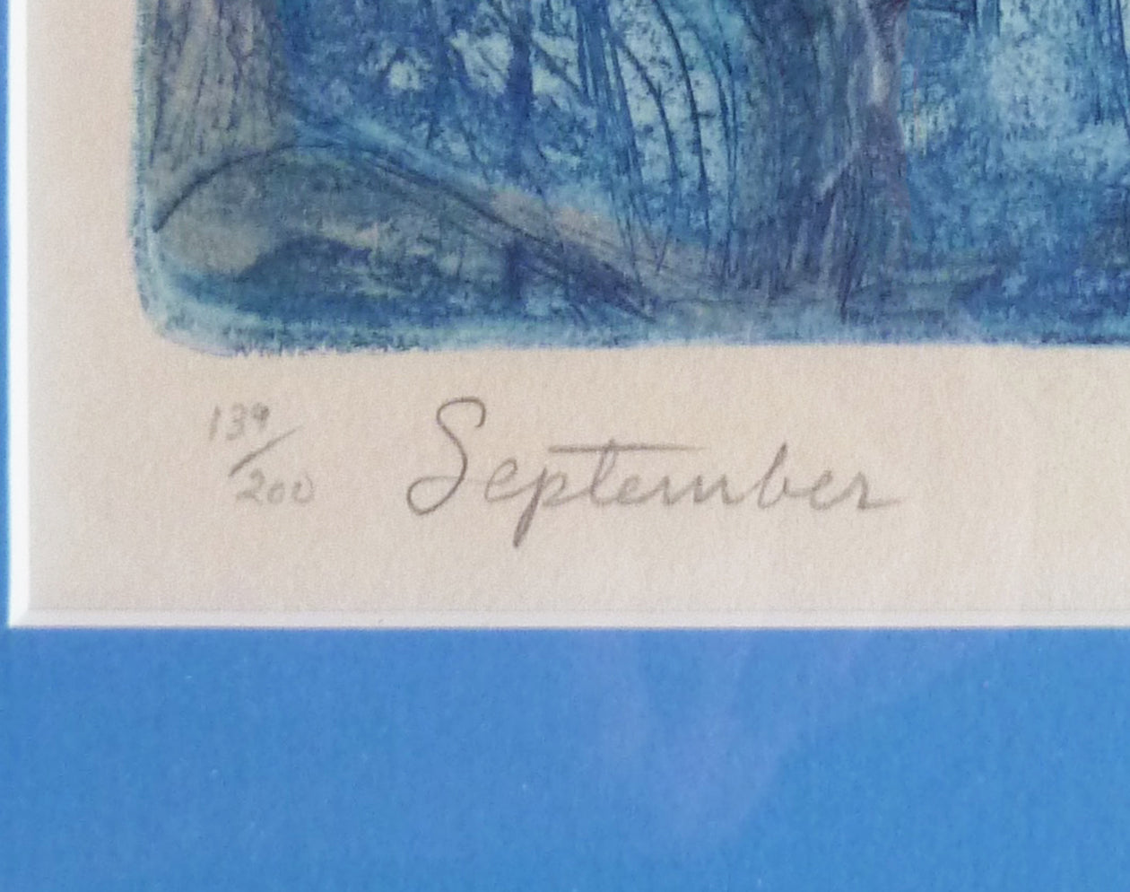 Close-up, of Irving Amen title in pencil, on his etching named September.