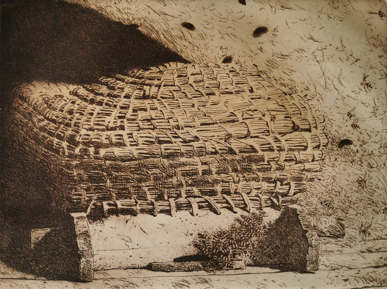 Close-up of bees and basket work, an etching Bee Shadows, by Jamie Wyeth. 