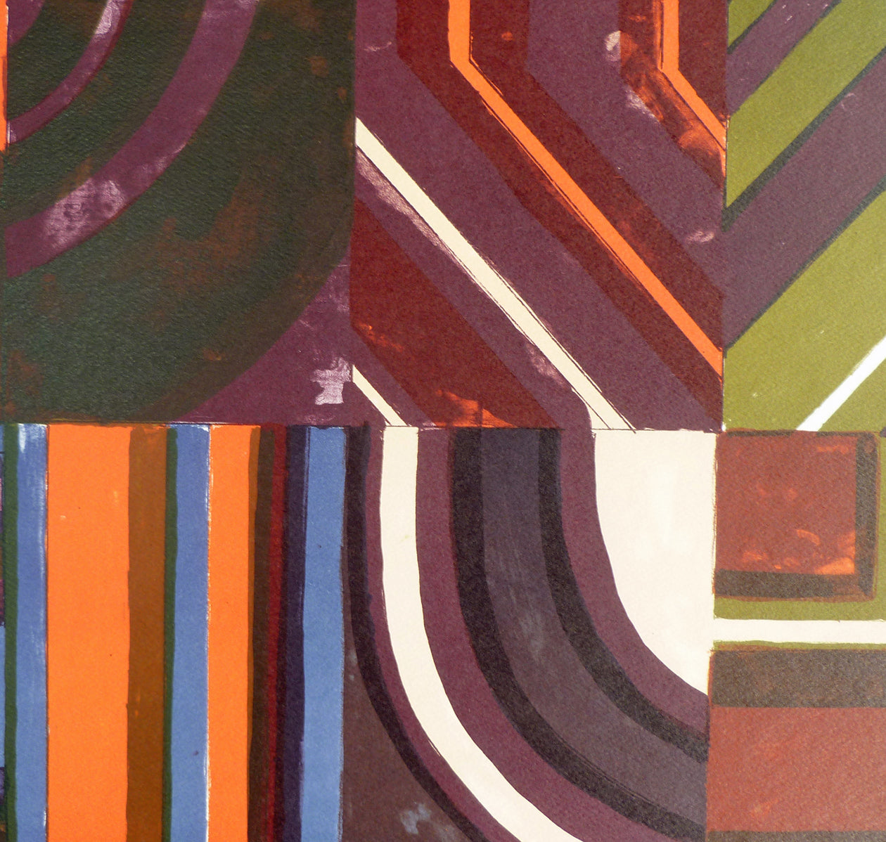 Close-up of pattern with blue, orange, green, purple, black on a lithograph by Friedland.