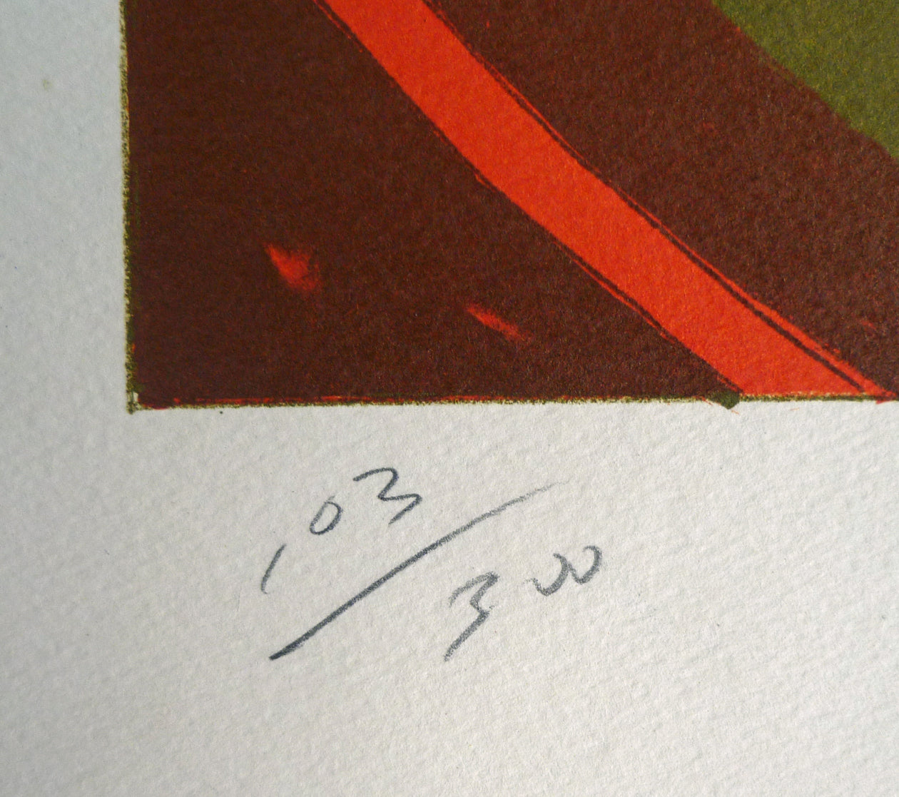 Close-up, edition number in pencil, of a modern lithographic print, by Jeff Friedland.