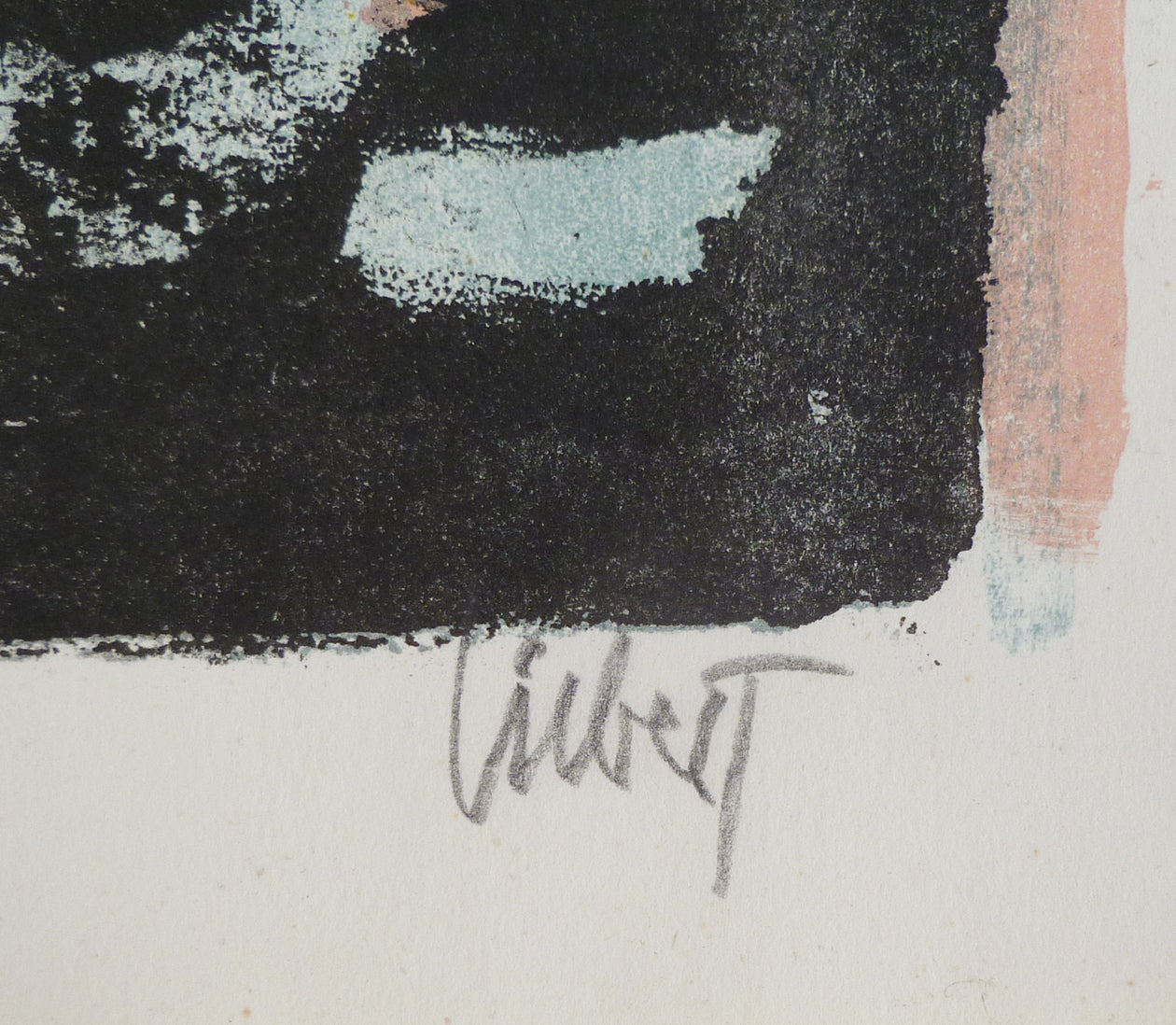 Close-up of artist Klaus Liebers signature in pencil on a lithograph.