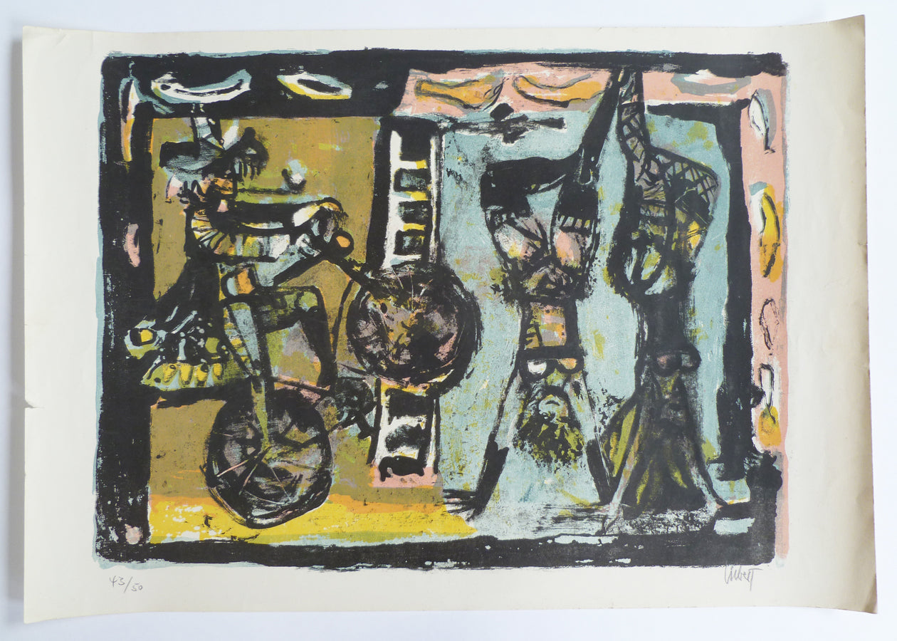 Whole paper showing, of a colourful lithograph printed by Klaus Liebers.