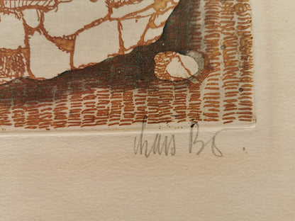 Close-up, of Lars Bo artist signature, on an etching in brown and green ink.