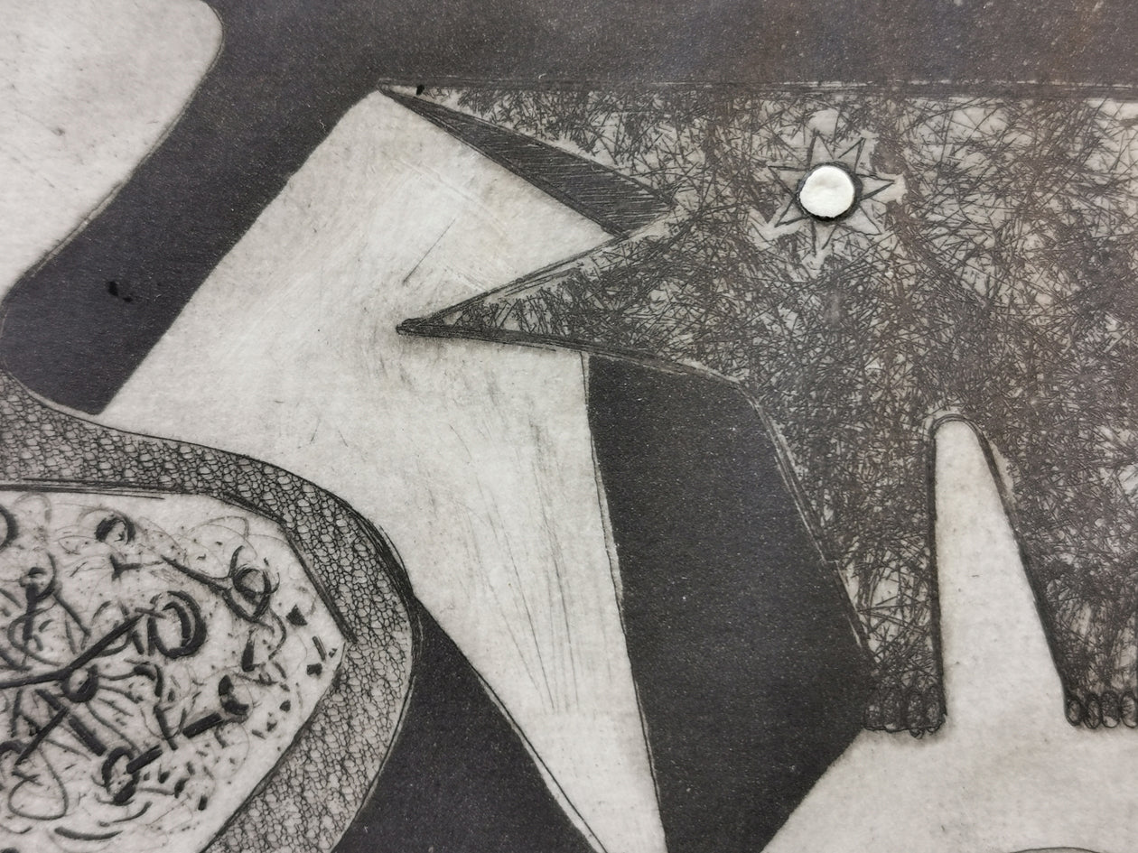 Close-up of the wolf in an etching Peter and the Wolf, by Martin Barooshian. 