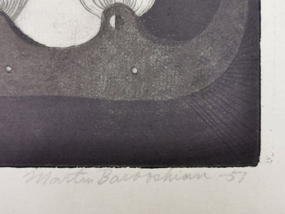 Close-up, of Martin Barooshian artist signature, on a Peter and the Wolf etching.