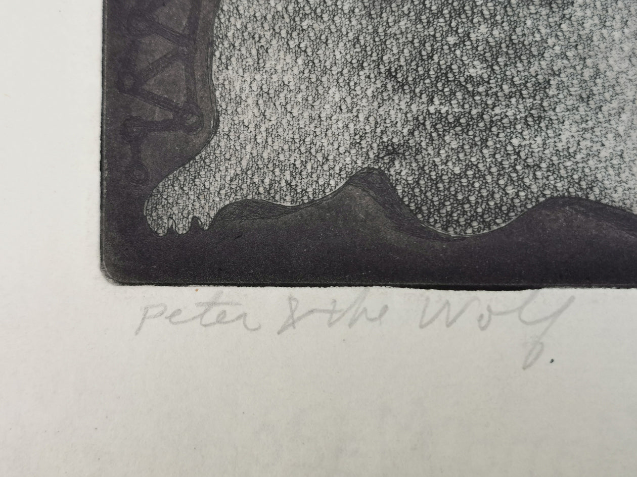 Close-up, of the title in pencil, on a Peter and the Wolf etching.