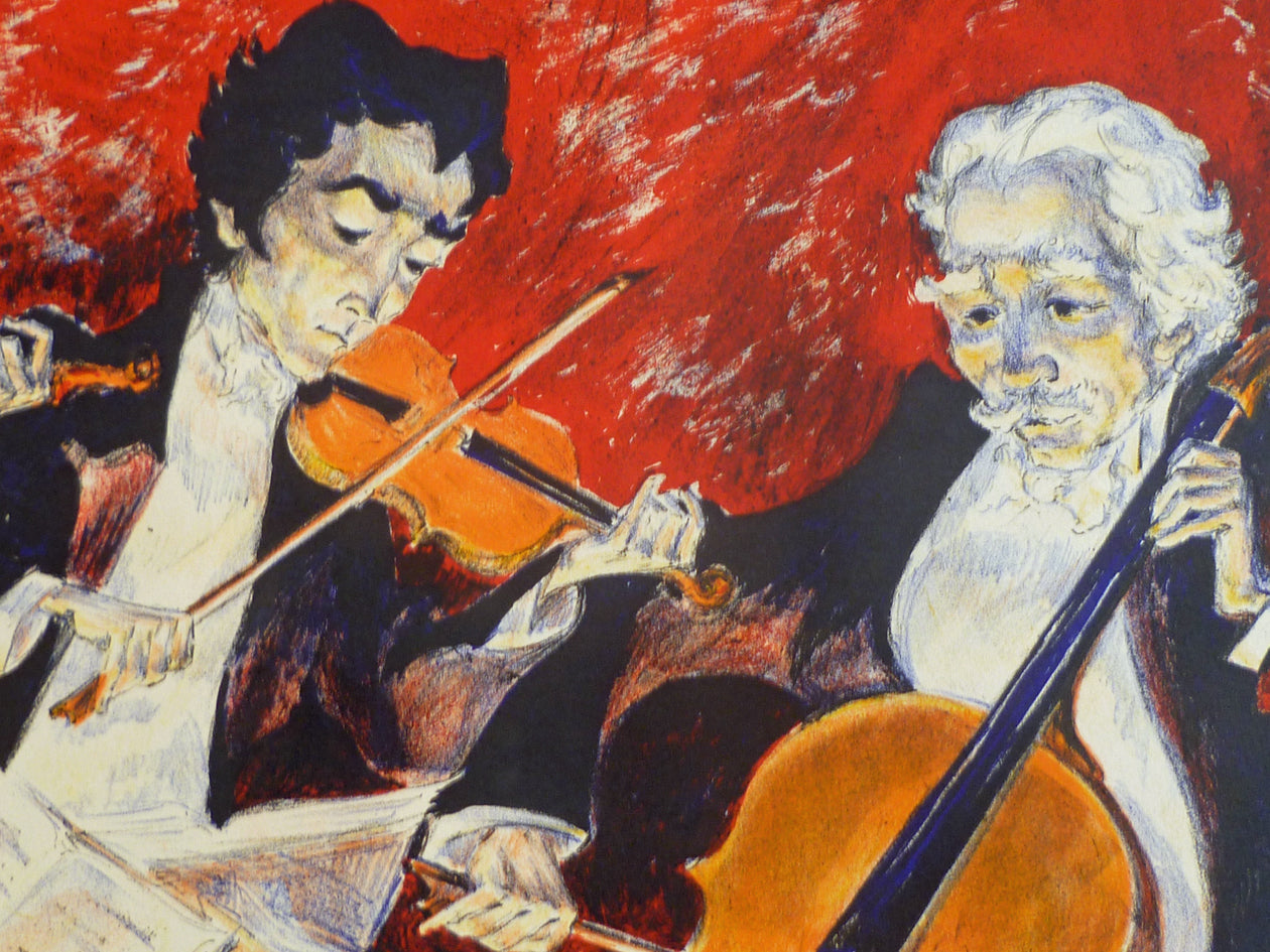 Close-up of two musicians in a lithograph print by Mervin Jules.