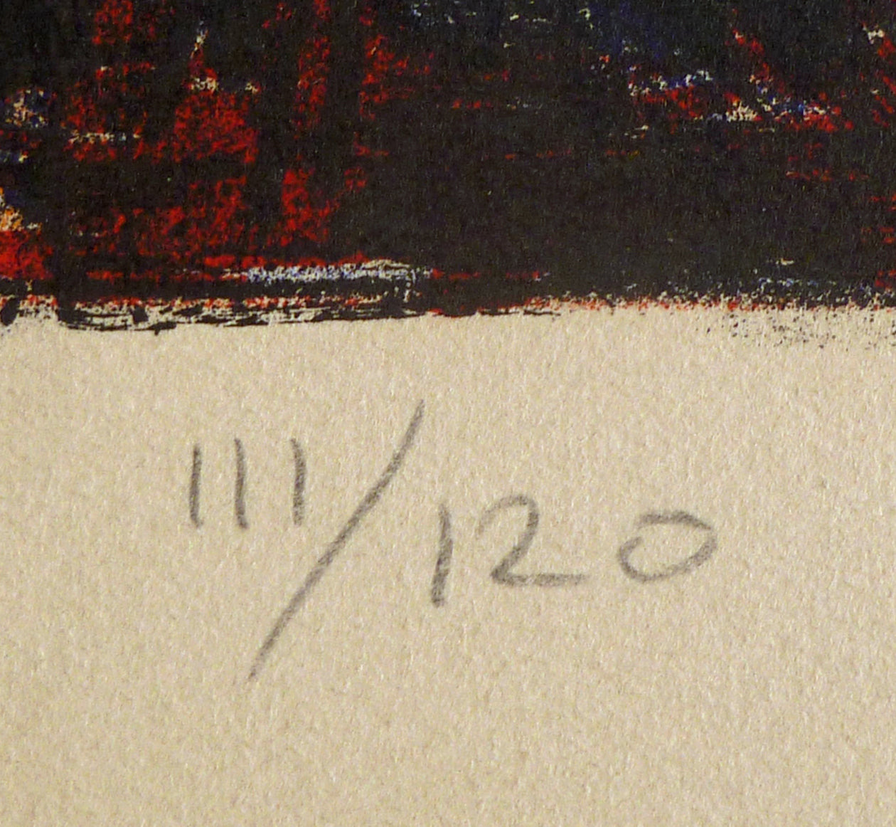 Close-up of edition number in pencil on a lithograph print by Mervin Jules.