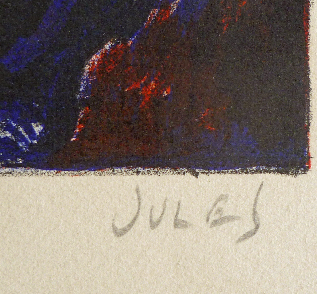 Close-up of Mervin Jules signature in pencil on a colour lithograph print.