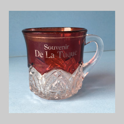 Antique pressed glass souvenir mug, Heart Band pattern, with ruby colour and writing.