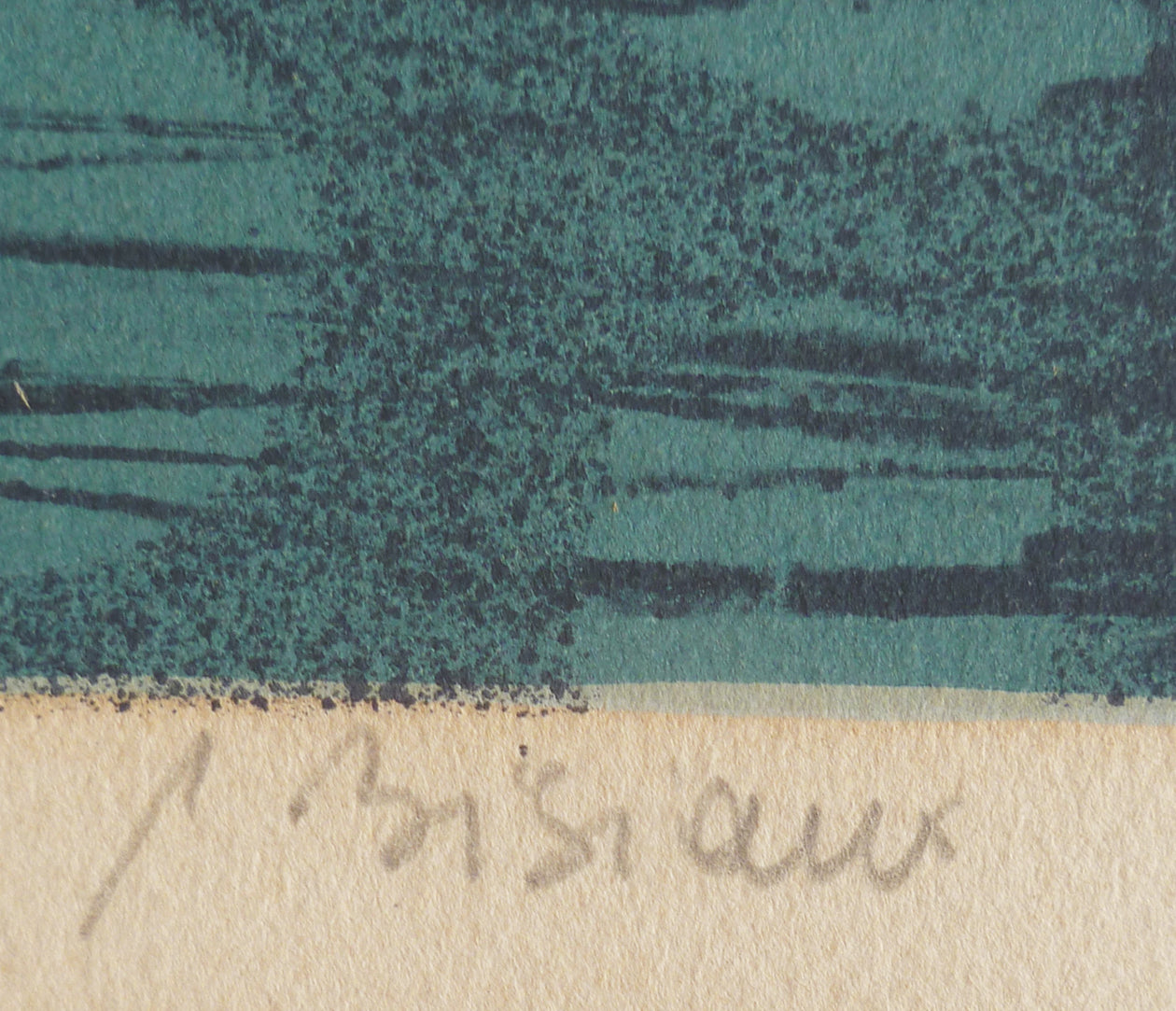 Close-up of Pierre Bisiaux signature in pencil on a colour lithograph print.