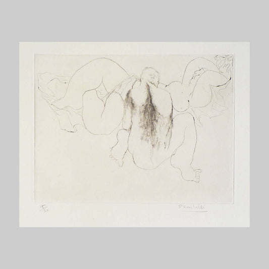 Drypoint etching on paper by artist Pierre Zucchelli, of a couple embracing.