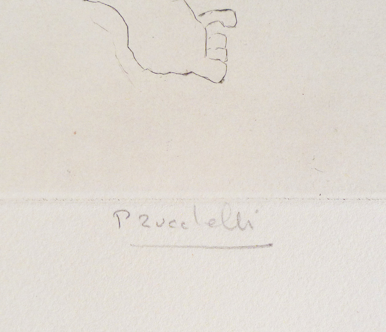 Close-up, artist signature of Pierre Zucchelli in pencil on a drypoint etching.