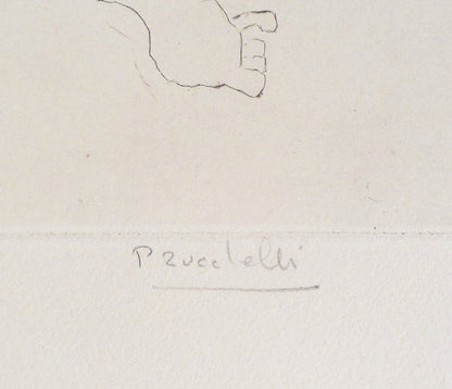 Close-up, artist signature of Pierre Zucchelli in pencil on a drypoint etching.