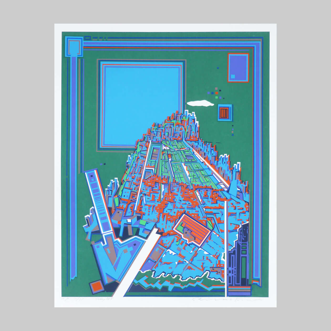 Colour silkscreen on paper by Risaburo Kimura, abstract of a big city.