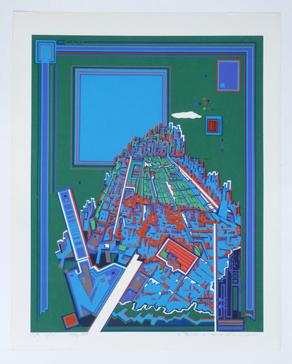 Whole paper showing of a colour silkscreen printed by Risaburo Kimura.