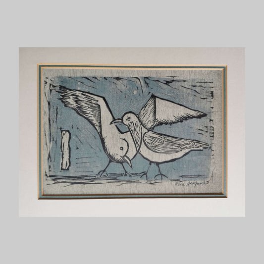 Blue woodcut on paper by Riva Helfond of two gulls in blue.