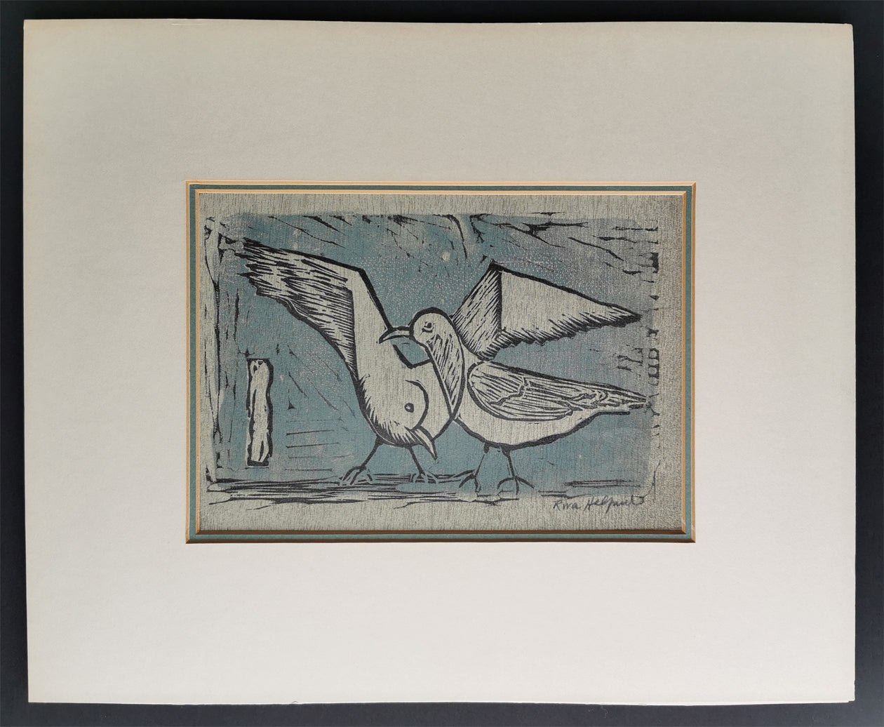 Matted woodcut print of gulls in blue by Riva Helfond.