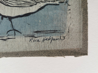 Close-up of Riva Helfond signature in pencil on a woodcut print.