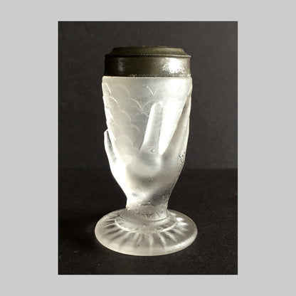 Antique frosted pressed glass salt shaker in Hand and Fishscale pattern.