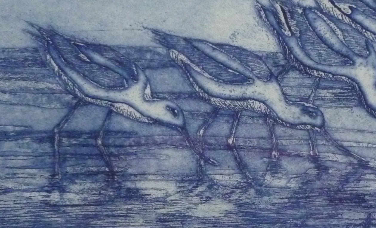 Close-up of shorebirds in a blue inked etching on by artist Tom Bast. 