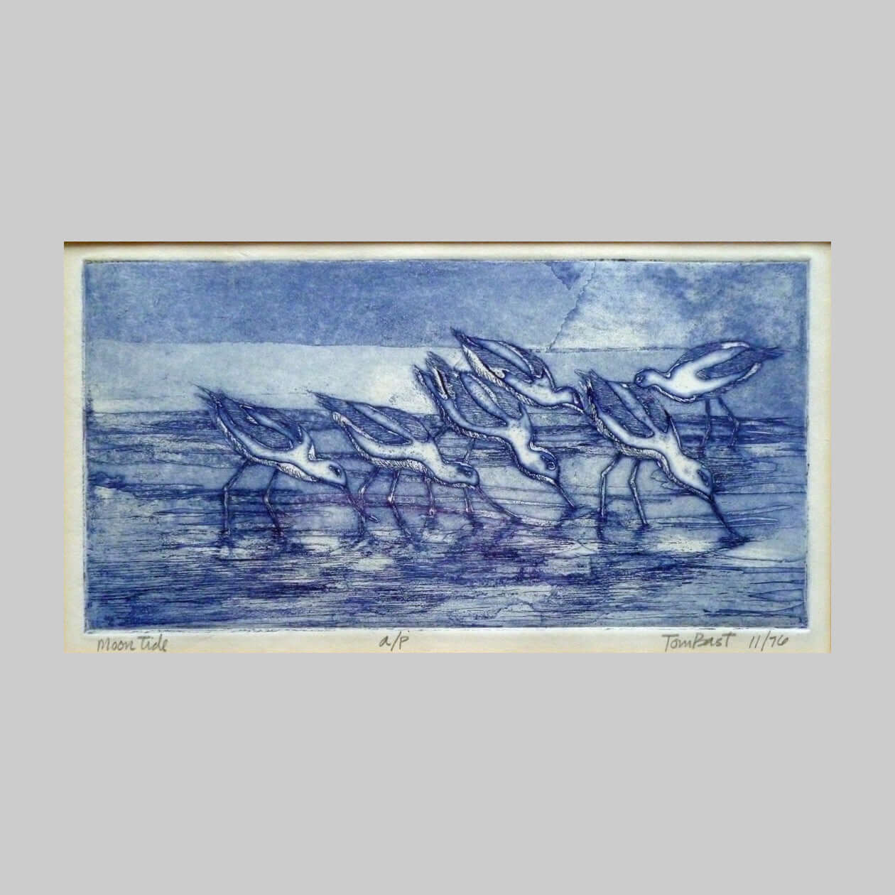 Blue coloured etching on paper by artist Tom Bast, of six shorebirds on a beach.