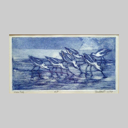 Blue coloured etching on paper by artist Tom Bast, of six shorebirds on a beach.