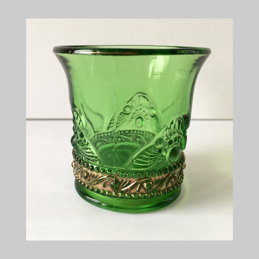 Antique pressed glass, green toothpick holder, with Jewel pattern and gold trim.