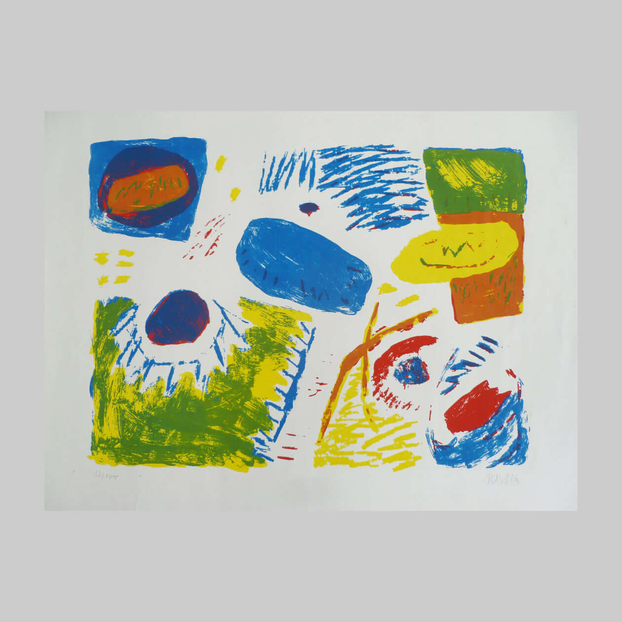 Colour lithograph on paper by an unknown artist, in primary colours.