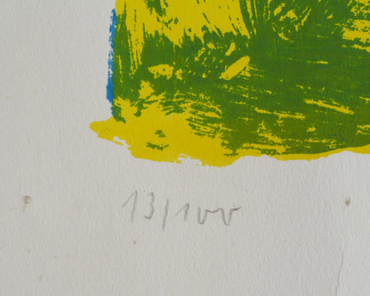 Close-up, edition number in pencil, of a colourful lithographic print, artist unknown.