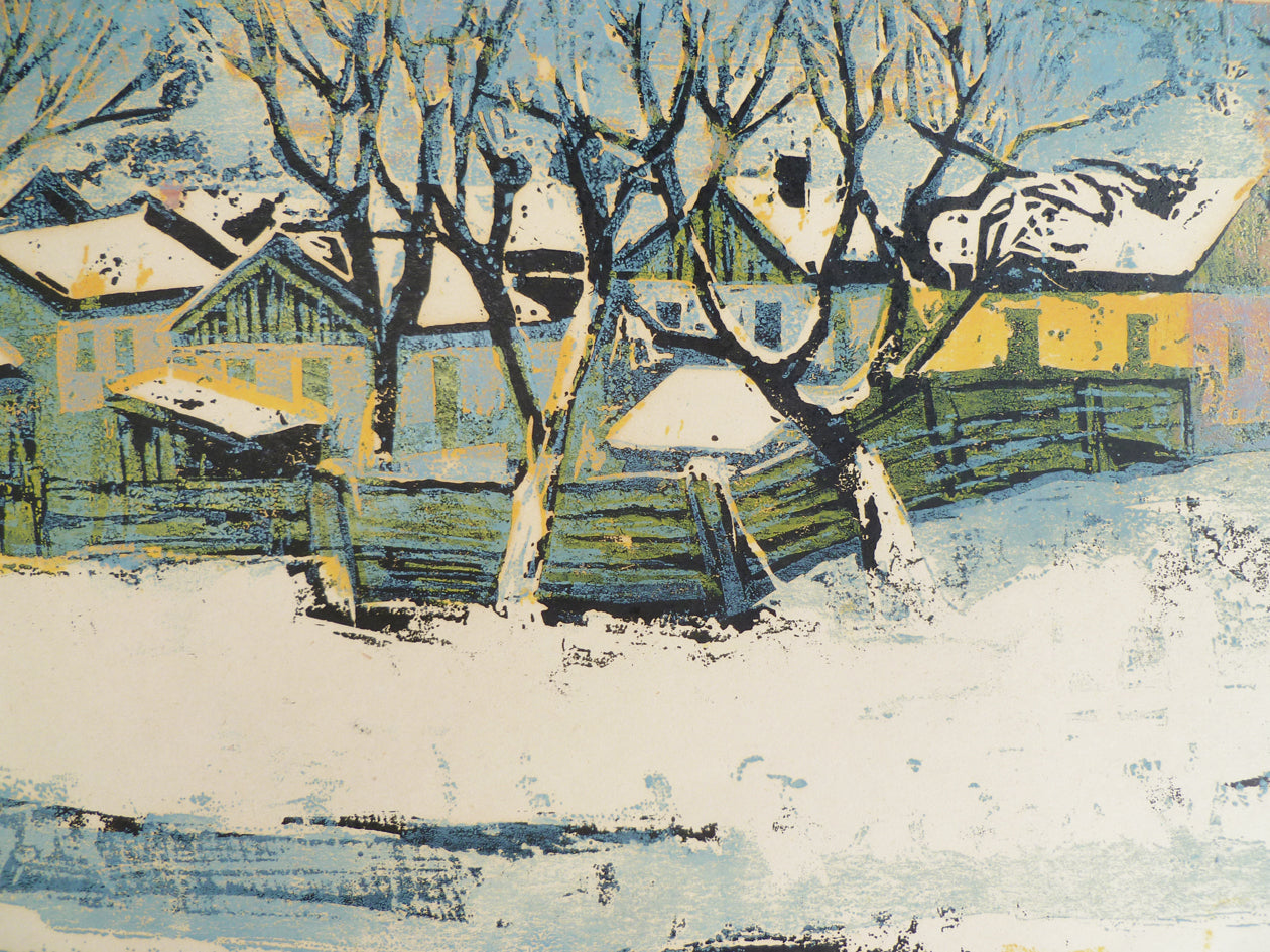 Close-up of the backyards of homes in winter with snow in a silkscreen print.