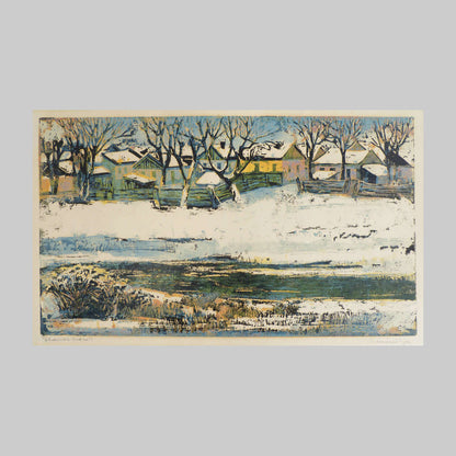 Colour silkscreen on paper by an unknown artist, of houses in winter with snow.