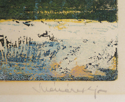 Close-up of an illegible signature on a silkscreen print of houses in winter.