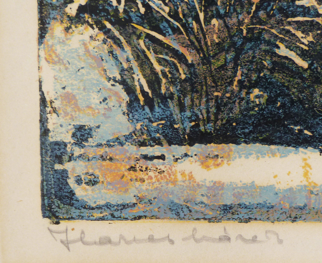 Close-up of an illegible title on a silkscreen print of houses in winter.