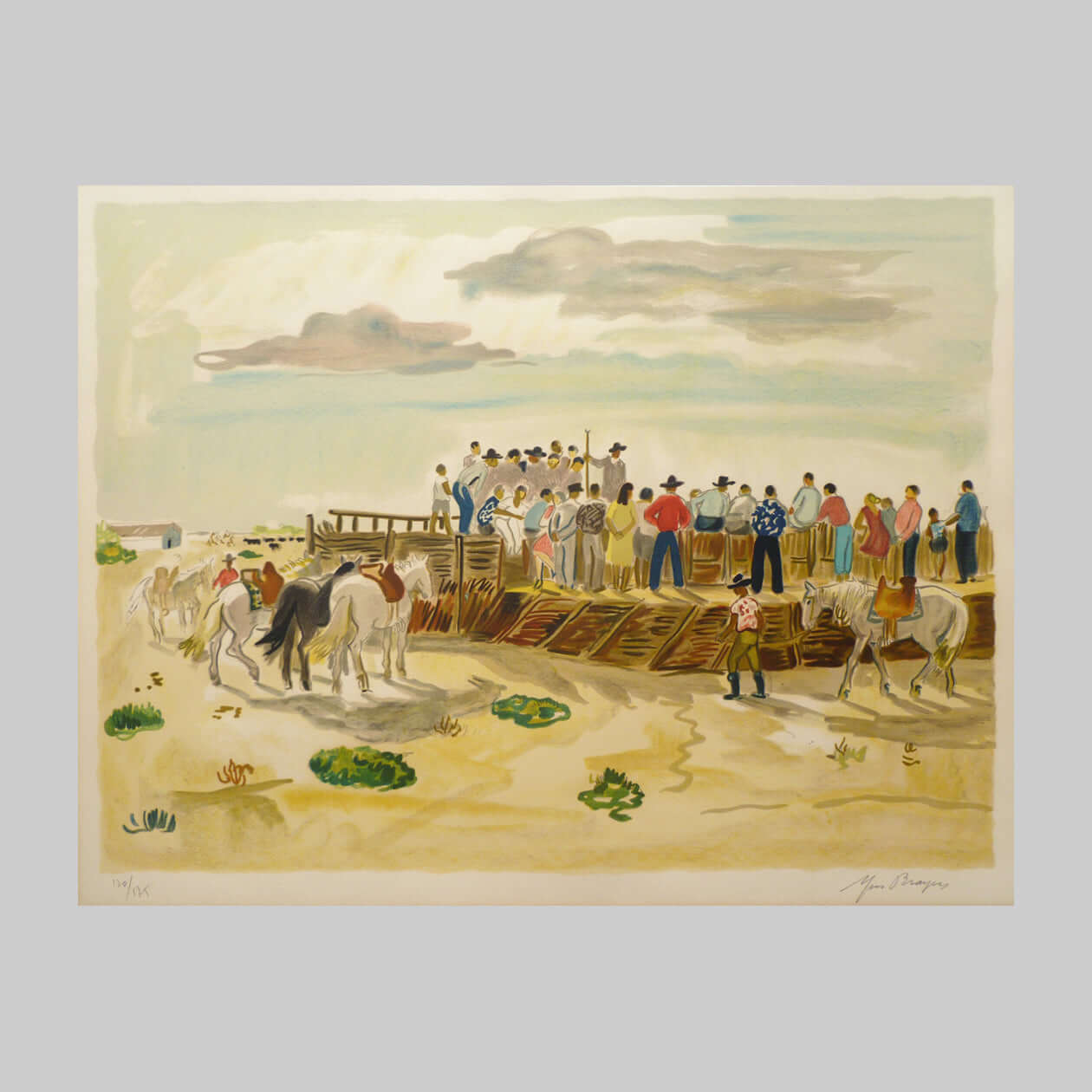 Colour lithograph on paper by Yves Brayer of people, and horses, at a rural event.