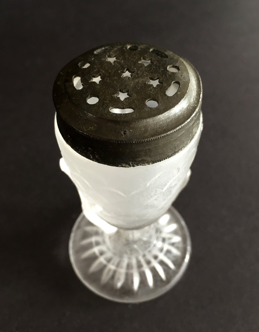 EAPG Hand and Fishscale pattern frosted glass salt shaker angle view 2 image
