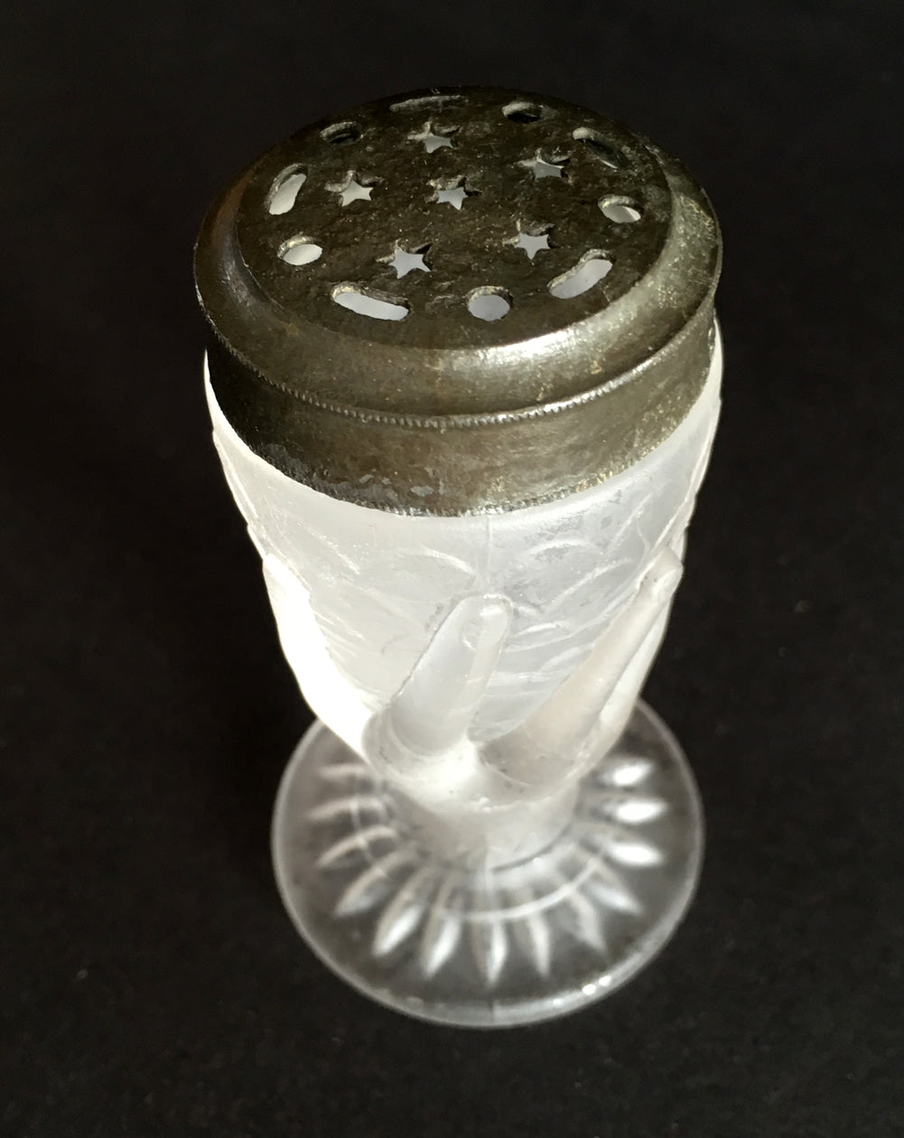 EAPG Hand and Fishscale pattern frosted glass salt shaker angle view 1 image