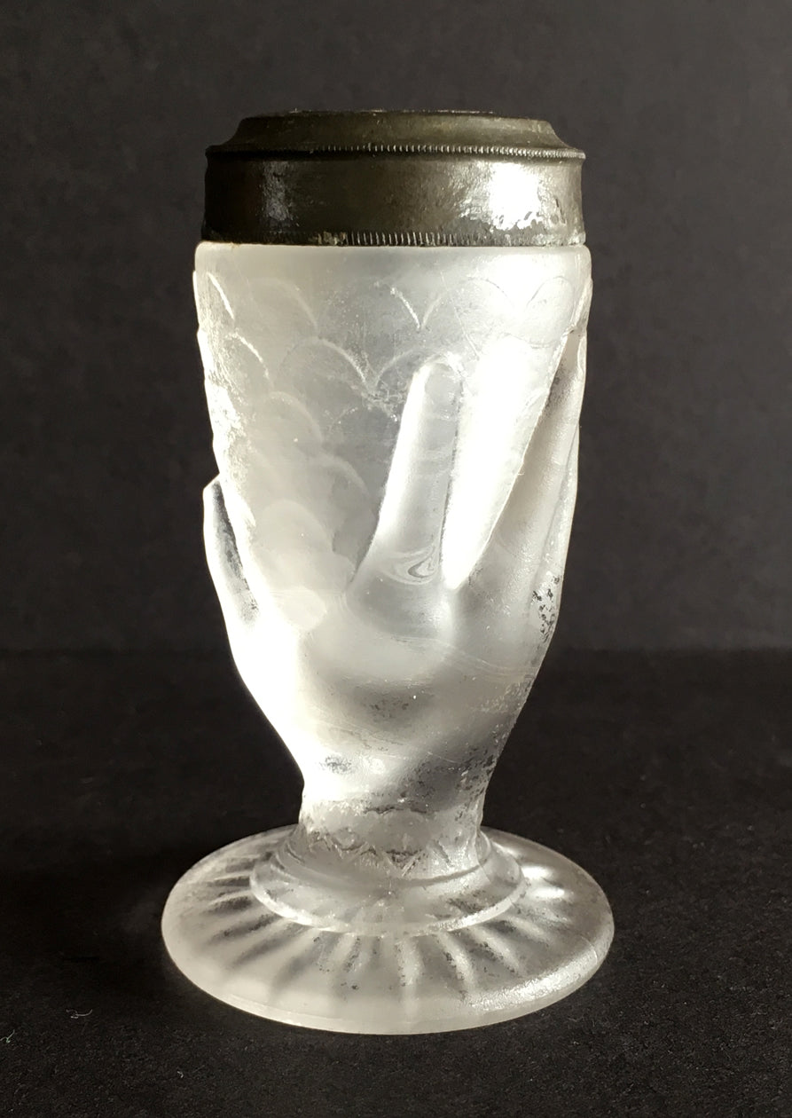 EAPG Hand and Fishscale pattern frosted glass salt shaker full view 1 image