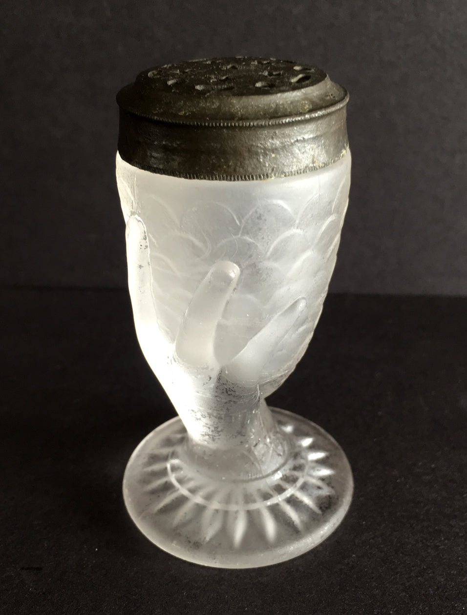 EAPG Hand and Fishscale pattern frosted glass salt shaker full view 3 image