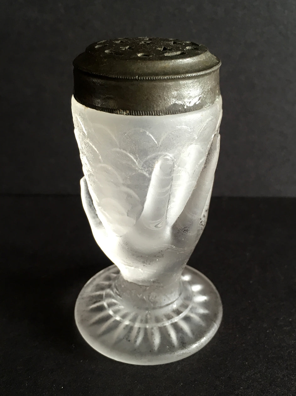 EAPG Hand and Fishscale pattern frosted glass salt shaker full view 4 image