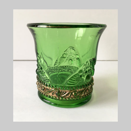 EAPG Green Pattern Glass Toothpick Holder in Lacy Medallion Pattern