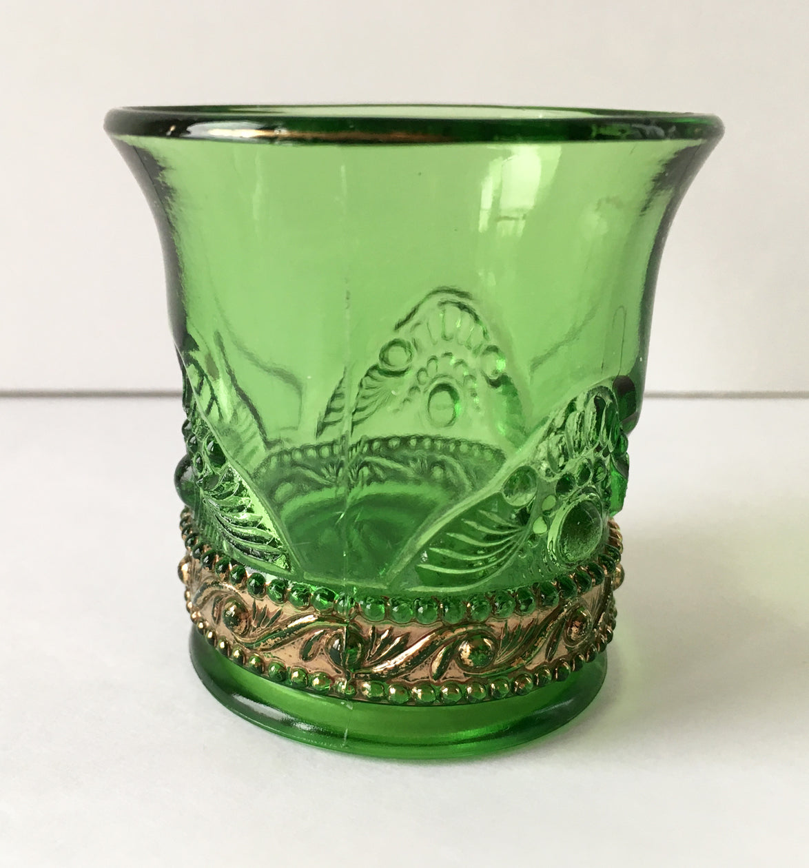 EAPG Green Pattern Glass Toothpick Holder in Lacy Medallion Pattern full view