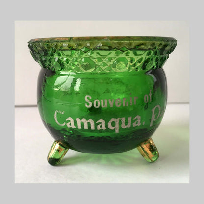 EAPG Witch's Kettle green glass souvenir toothpick holder.