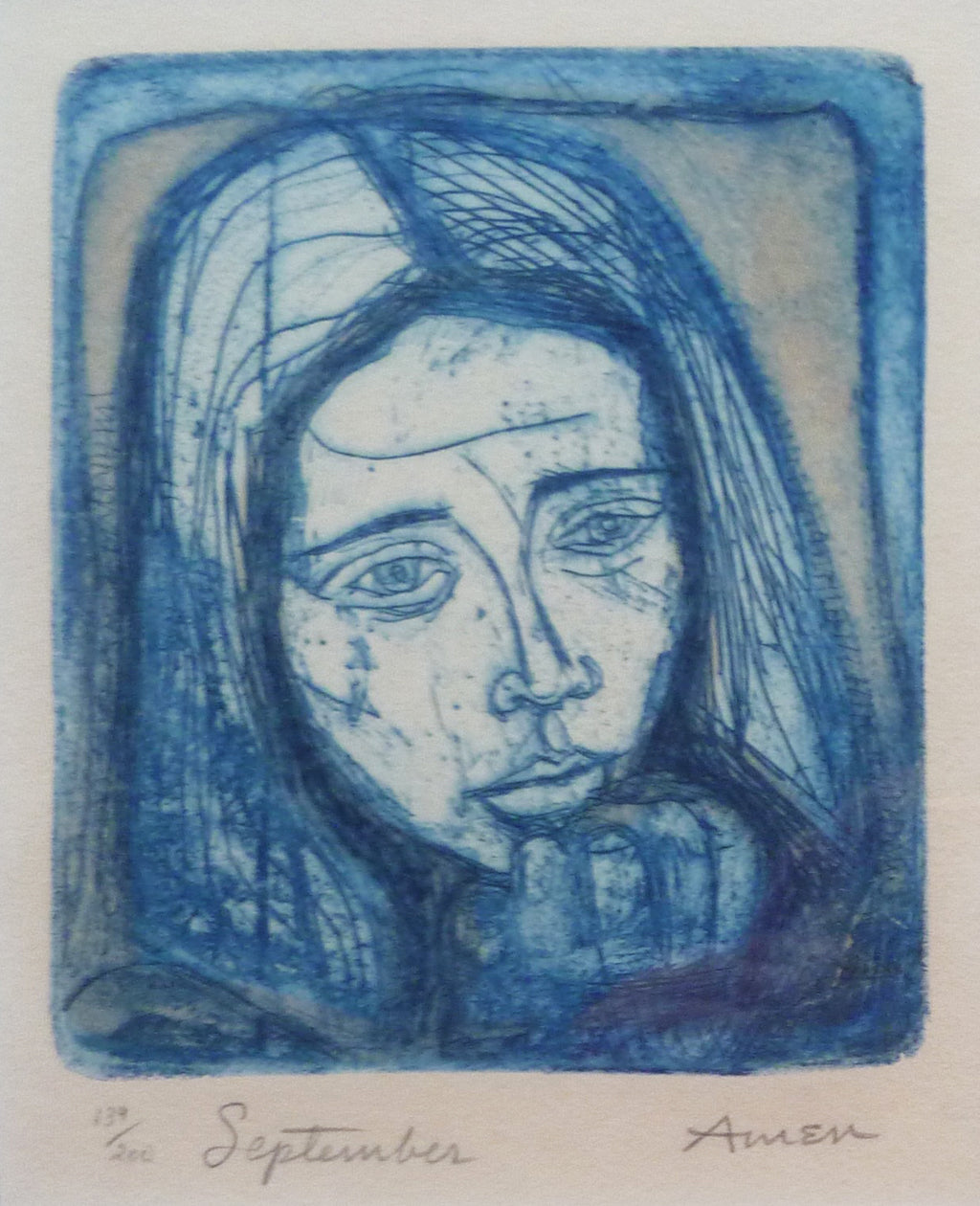 Irving Amen framed blue etching titled September - mat size image
